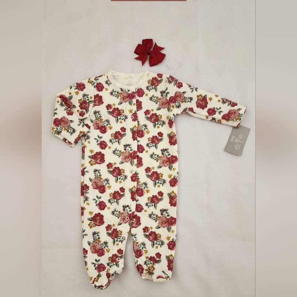 Floral Kids One Piece - Red and Ivory Sleeper Plus Bow!!